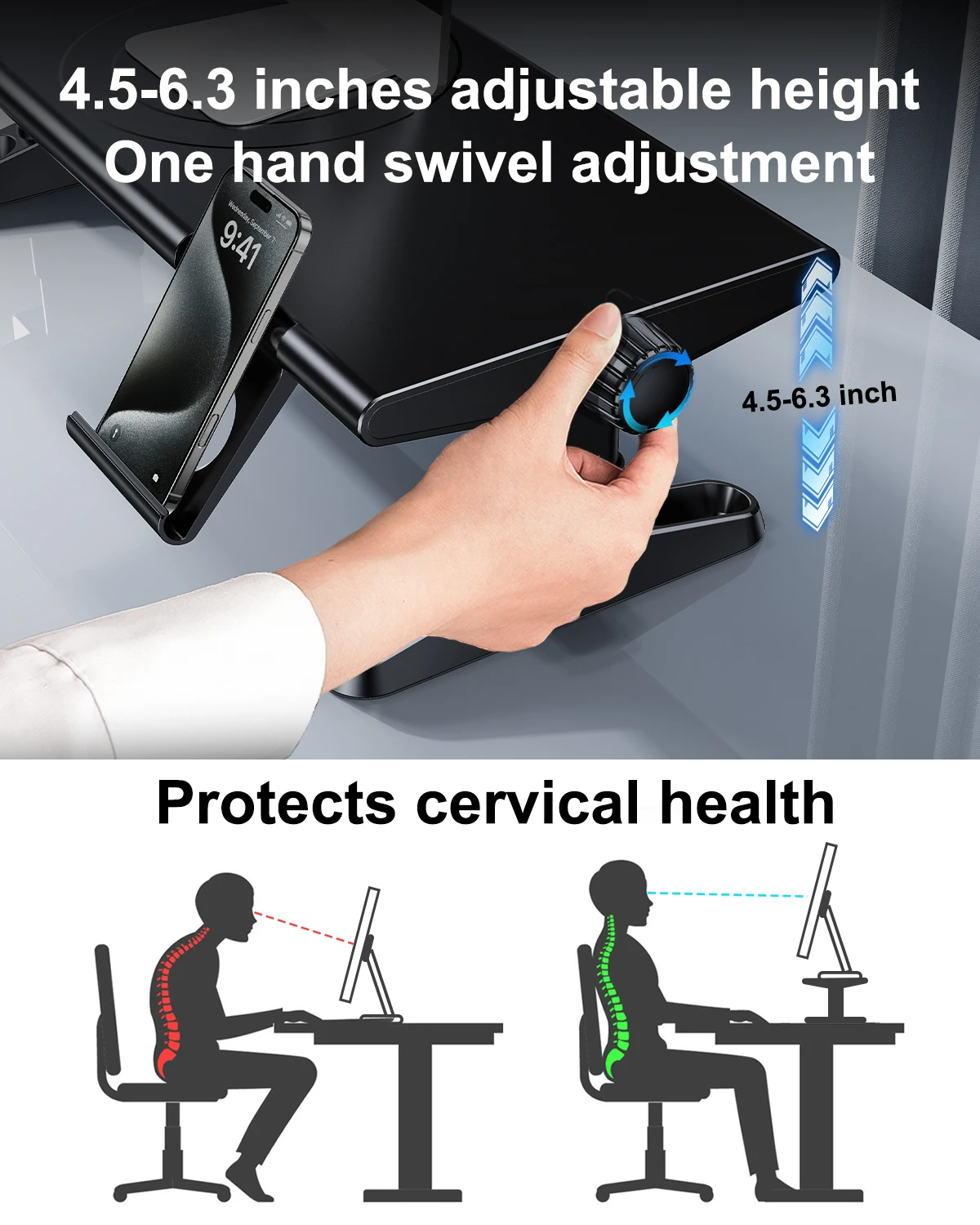 Eary คอมพิวเตอร์ขาตั้ง Riser 4.5-6.3 "ความสูงปรับได้พร้อมที่วางโทรศัพท์ 4 พอร์ต USB 3.0 Type-C สําหรับแล็ปท็อปคอมพิวเตอร์