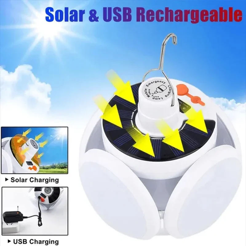 휴대용 야외 태양광 접이식 조명, USB 충전식 리모컨 LED 전구, 행잉 후크 비상 램프, 축구 전구