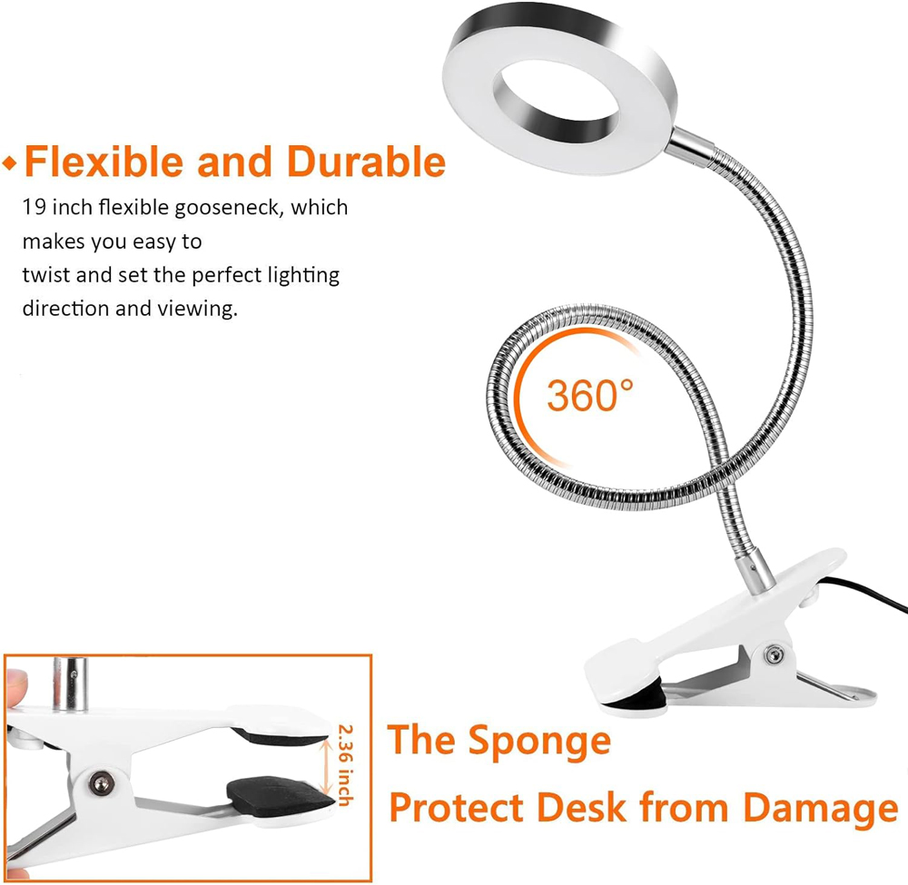 Lámpara de escritorio de 48 LED con clip, luz de libro USB, mesita de noche 360 °   Brillo flexible de la luz de lectura del cuello de cisne de la protección ocular ajustable nivel 3