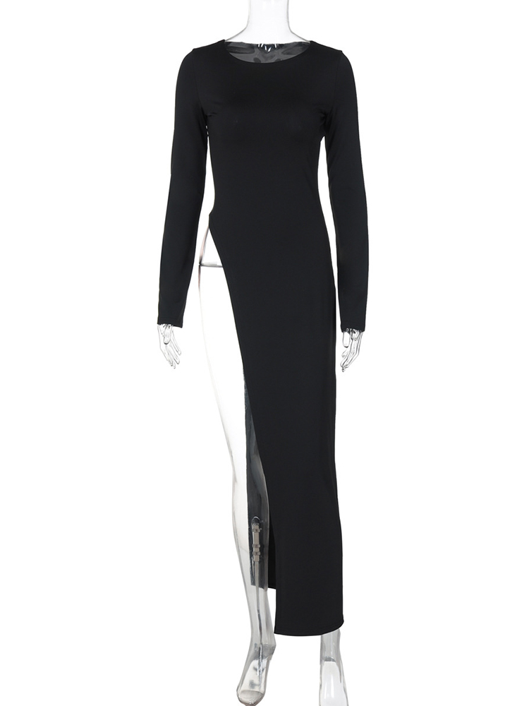 Trendix Schwarzes asymmetrisches Maxikleid für Damen, O-Ausschnitt, lange Ärmel, trendiges, schickes Top, Club-Party, Kleider mit hohem Seitenschlitz, Herbst