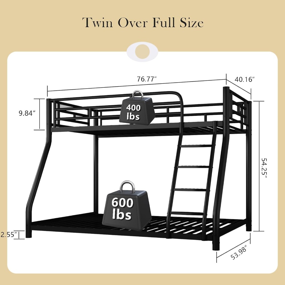 Metal Bunk Bed, Full Size Bed Frame for Adults, Twin Over Full Bunk Bed with Safety Guardrail and Ladder, Bed Twin (Black)
