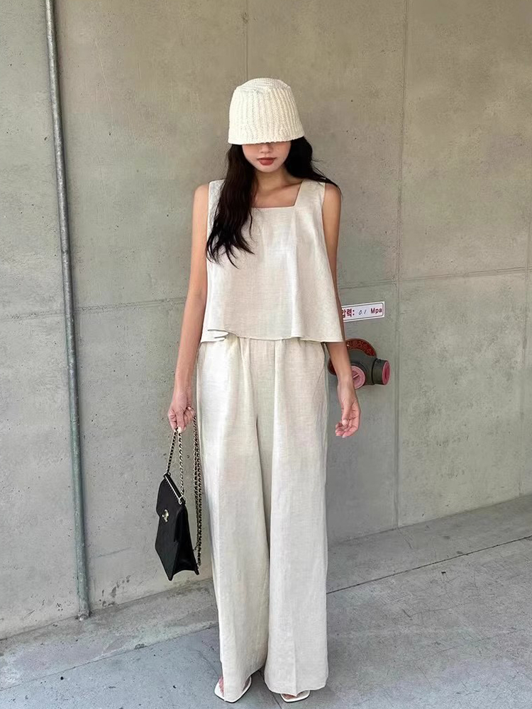 シックな夏のヴィンテージルーズ多用途スクエアカラートップ + ハイウエストカジュアルパンツ 2 点セット若い女性のための 18-25 歳