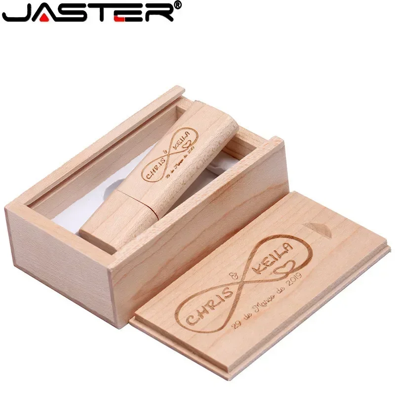 JASTER Logotipo personalizado gratuito Unidades flash USB 2.0 de madera Bambú con caja Memory stick 16GB Pen Drive 32GB 64GB Regalo de boda USB stick