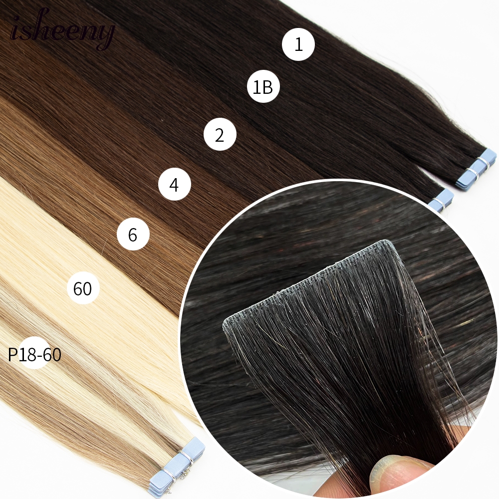 Isheeny 12 "16" 20 "extensões de cabelo com fita de trama de pele pu 10 peças fita invisível em extensões de cabelo máquina reta remy cabelo humano