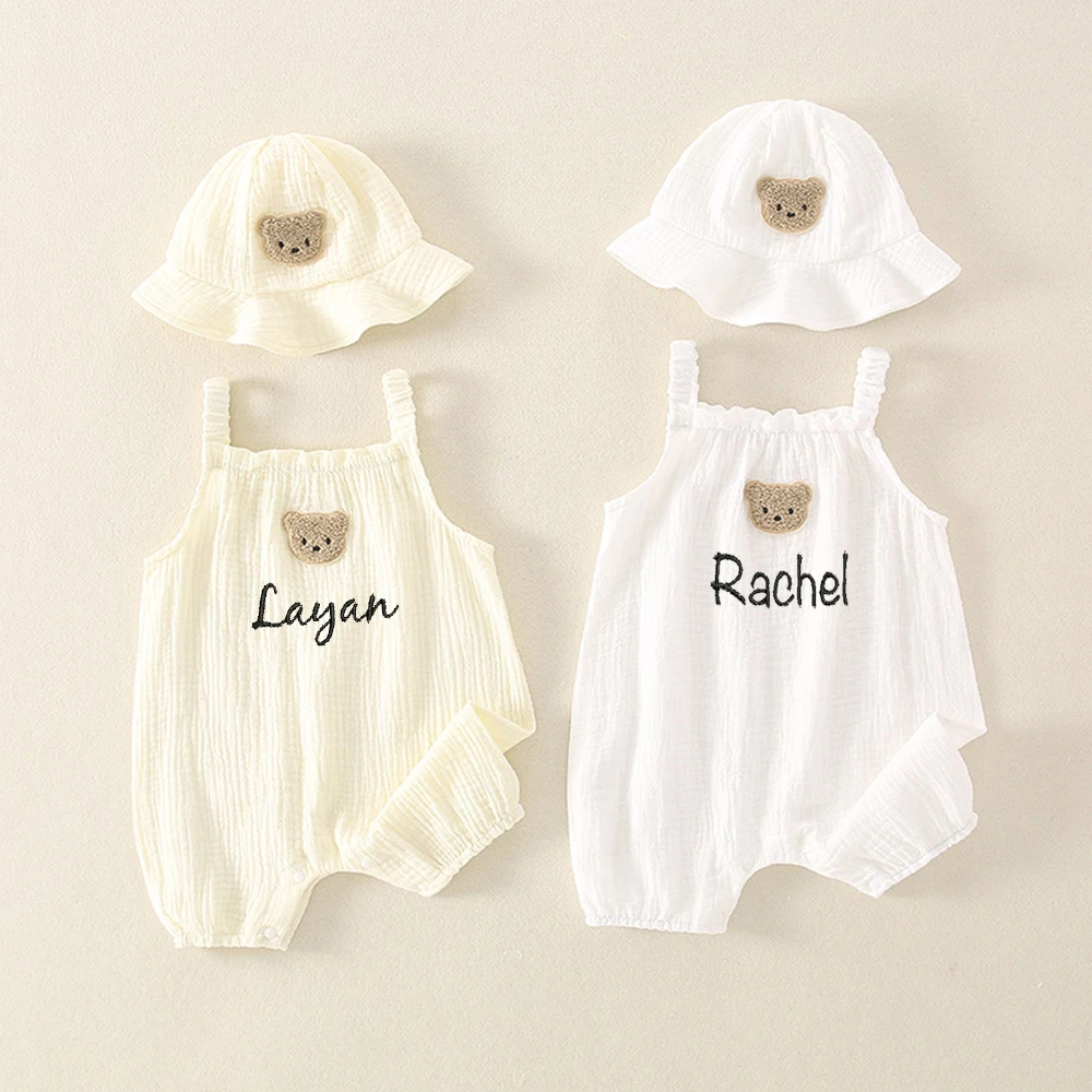 Name Embroidery Customized Newborn Baby Boys and Girls Summer Thin Sling Strap Boneless Pure Cotton Gauze Jumpsuit