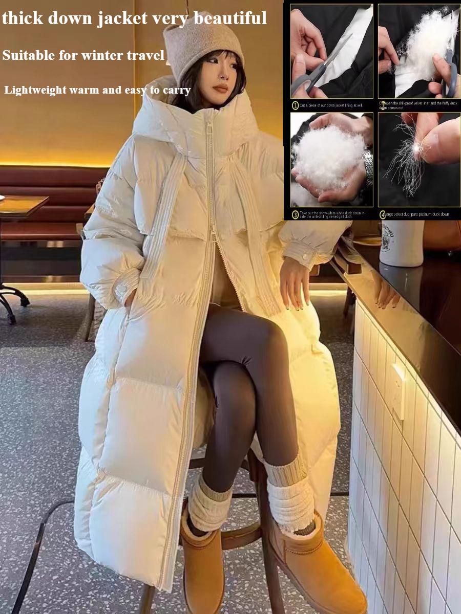Moda longa feminina inverno para baixo jaqueta solta casacos com capuz engrossar quente pato branco para baixo jaqueta high-end parkas luz outwear