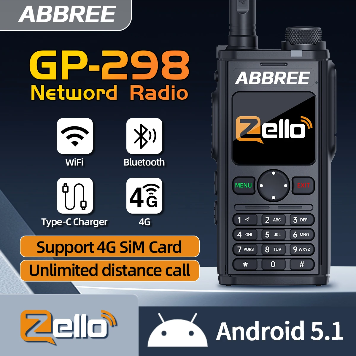 ABBREE GP-298 POC Netzwerk Walkie Talkie Global POC Radio Unbegrenzte Entfernung Zello 4G SIM Karte Android Bluetooth WIFI Radio