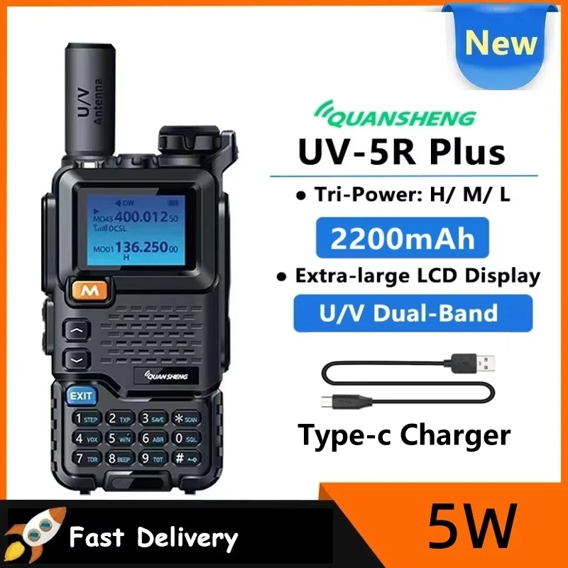 Quansheng UV-5RPLUS Walkie Talkie tipo C Tri-Power banda de doble banda UHF/VHF banda policial 350-390MHz transceptor Scrambler de Radio bidireccional