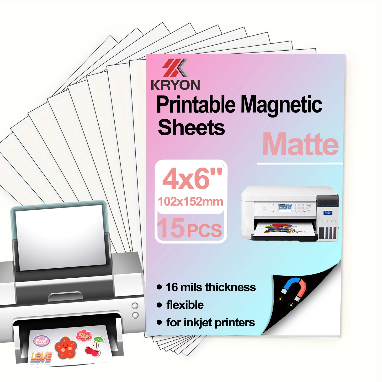 KRYON 4 x 6 pouces 15 pièces feuilles magnétiques imprimables mates Non adhésives épaisseur 16 mils papier photo magnétique pour imprimantes à jet d'encre