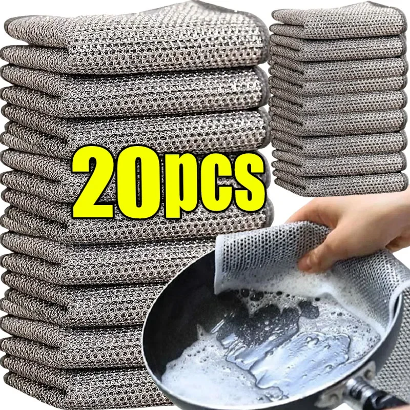 Paño de limpieza de alambre de 5/20 piezas, trapos de alambre de Metal plateado grueso de doble cara, paños de lavado para platos de cocina, herramientas de limpieza de toallas
