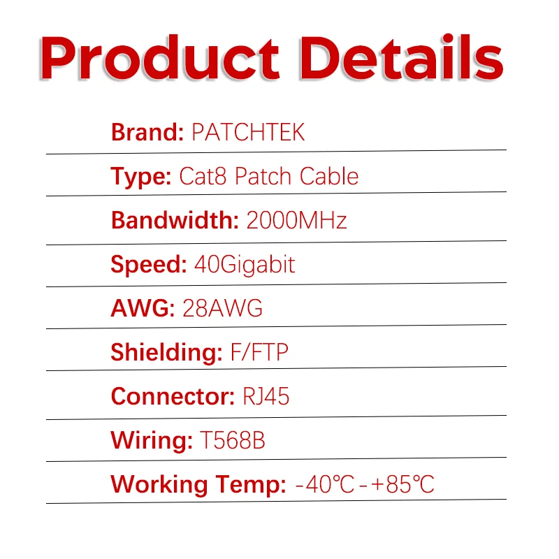 Patchtek Cat8 Lan 40G RJ45 Cable Ethernet red 0,2 M-20M SSTP 28AWG pares retorcidos 2000Mhz Cable Lan de Internet para ordenadores portátiles PS