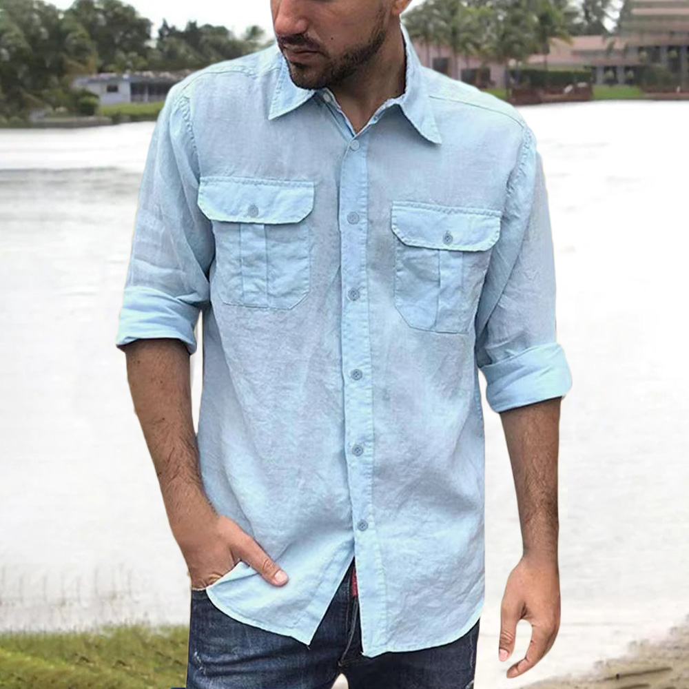 Baumwolle Leinen Herrenhemd Langarm Einfarbig Casual Tops Revers Doppeltasche Design Klassisches Hemd Trendige männliche Kleidung