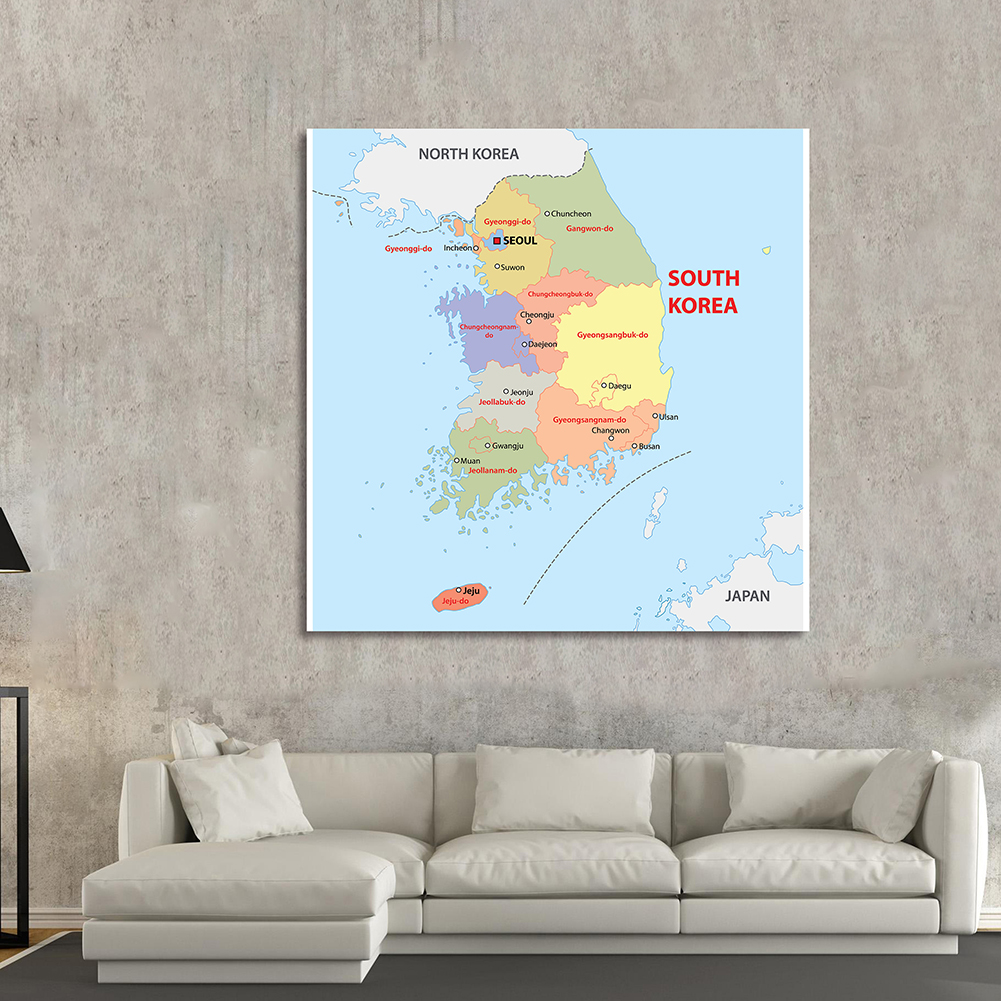 Carte administrative de corée du sud, image décorative suspendue murale, décoration de bureau et de maison, fournitures scolaires-90x90cm/ 150x150cm
