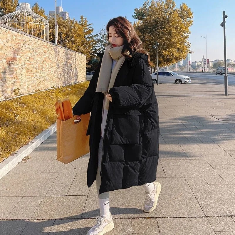2024 nova jaqueta feminina coreana parkas de inverno solto com capuz algodão acolchoado feminino longo para baixo jaqueta engrossar casacos puffer oversize