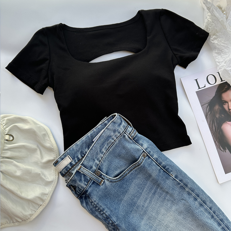 Camiseta para mujer, ropa con escote cuadrado, top corto de manga corta con sujetadores para mujeres y niñas, ropa de calle sexy, camisetas sin espalda