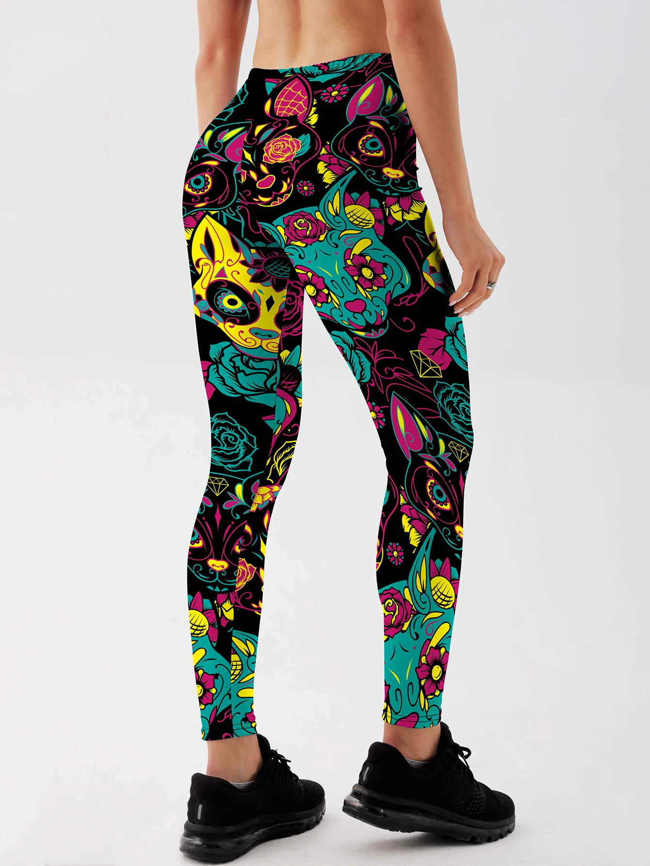 แฟชั่นผู้หญิงน่ารักแมวพิมพ์กางเกงขายาวสําหรับฟิตเนสเอวสูง GYM Legging Push Up ออกกําลังกายผู้หญิง Skull พิมพ์กางเกงขายาว