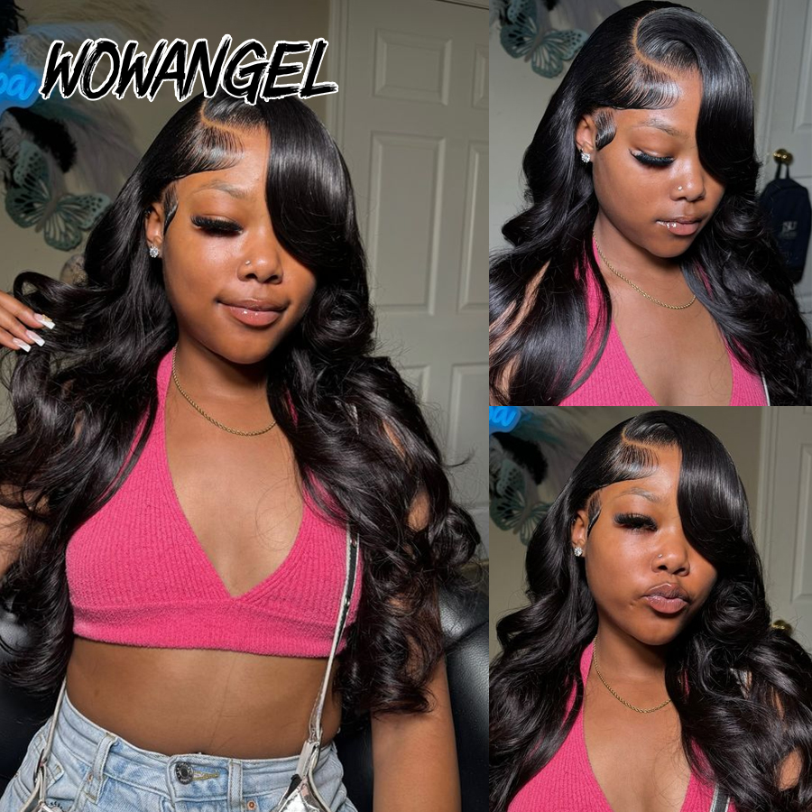와우 엔젤 13x6 HD 레이스 프론트 가발 250% 레미 헤어 바디 웨이브 인간의 머리 가발 HD 레이스 가발 Pre Plucked Wear To Go 여성용 가발