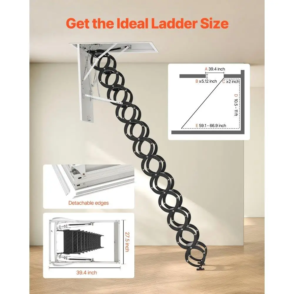 Steel Ceiling Mounted Attic Ladder for 10 .5 to 11 ft Ceilings Folding Access Stairs Space Saving Design Heavy Duty