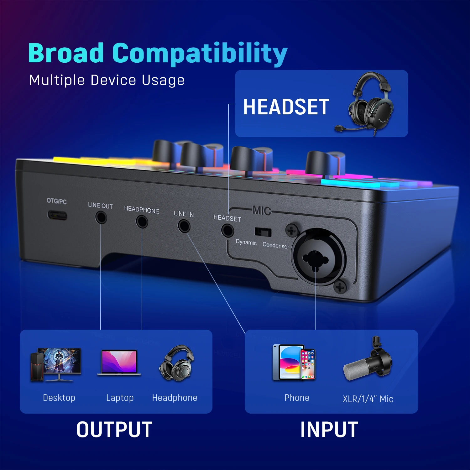 FIFINE Gaming Audio Mixer, Streaming 4-kanałowy mikser RGB z interfejsem mikrofonu XLR, do gier głosowych, podcastów, AmpliGame SC3