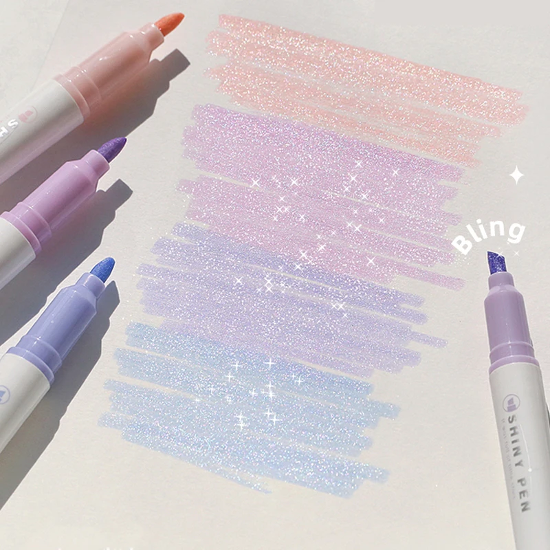 4pcs Glitter สีเงาชุดปากกา Bling ประกาย Highlighter MARKER 4 มม.แปรงสําหรับวาดภาพวาด Art School METALLIC Glitter