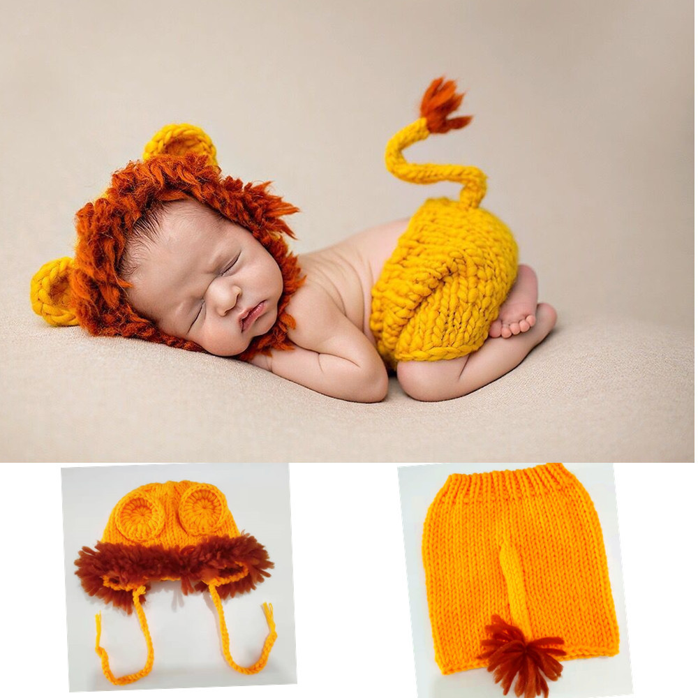 Traje de crochê feito à mão, sessão de fotos de halloween para bebê menino, adereços de fotografia, roupas para bebês recém-nascidos, presentes de 0-6 meses, conjunto de calças de leão