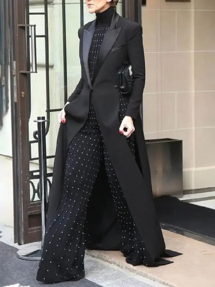 Bonboho 2024 Women's Elegant Blazer Jacket Solid Black Slim Long Sleeve Extra-Long Splited Blazer Coat Female Formal Outerwear