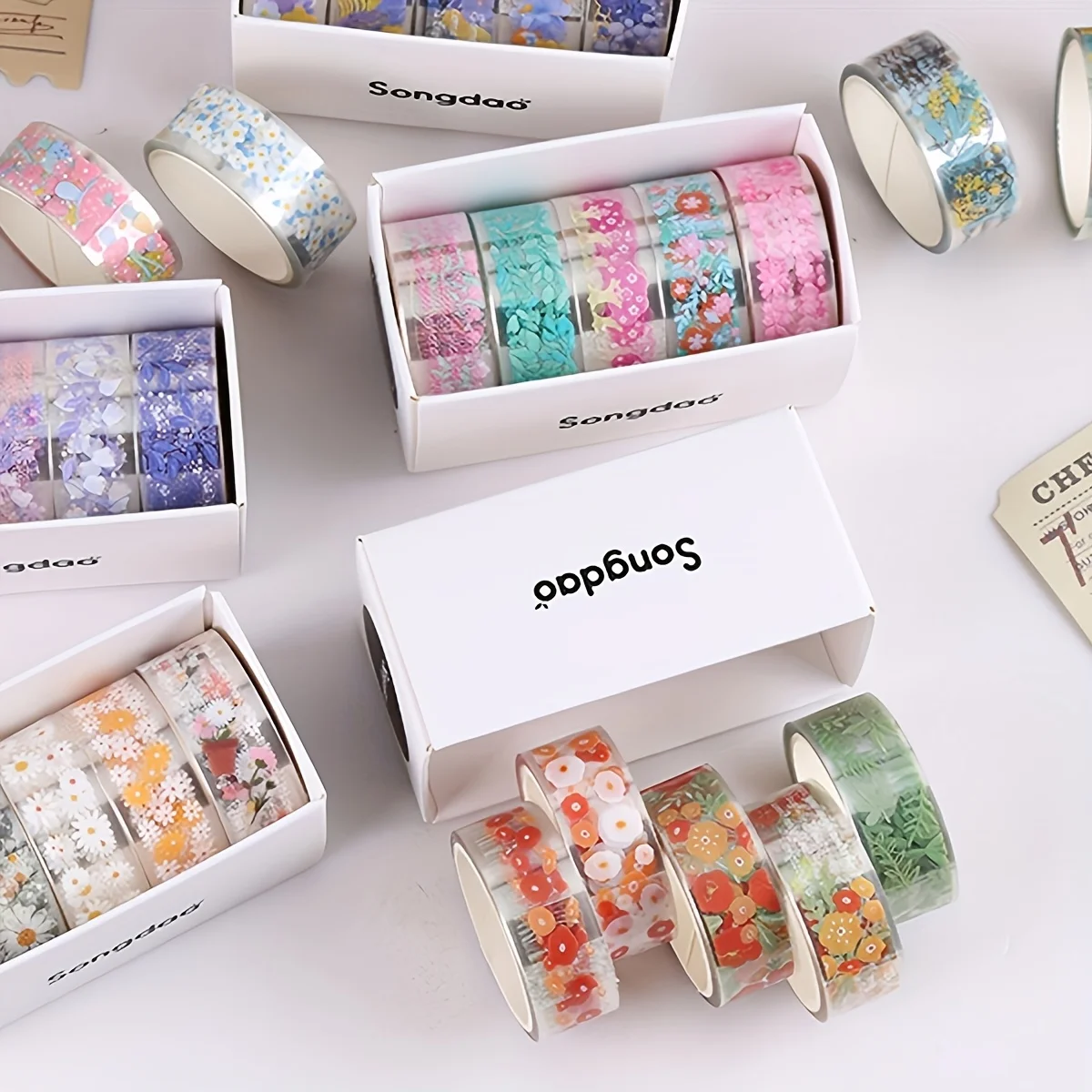 5 rotoli/scatola di nastro washi floreale vintage, piccolo nastro decorativo floreale trasparente in materiale PET, un regalo indispensabile per gli amici