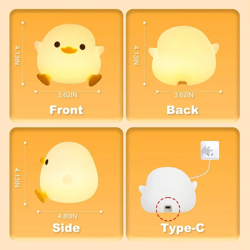 Luz nocturna ED, lámpara de silicona con animales de dibujos animados de pato bonito para niños, Sensor táctil, temporizador, recargable por USB para regalos de cumpleaños