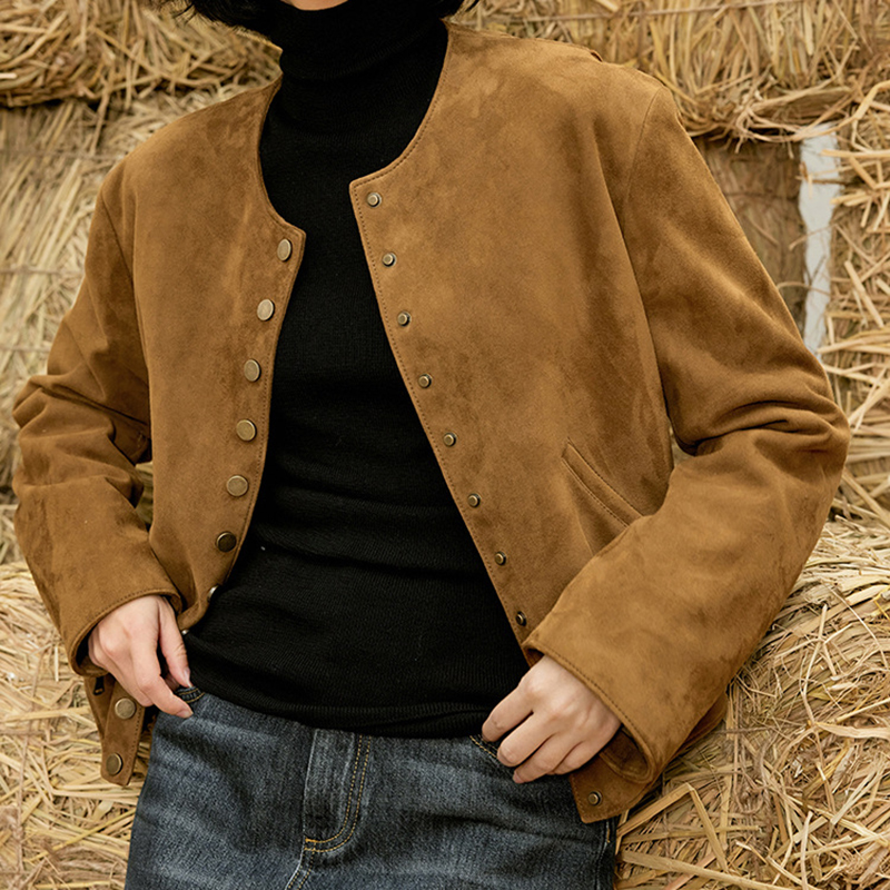 Veste en daim en cuir véritable pour femme, manteau en peau de mouton décontracté, col rond, manches longues, simple boutonnage, mode vintage, printemps et automne