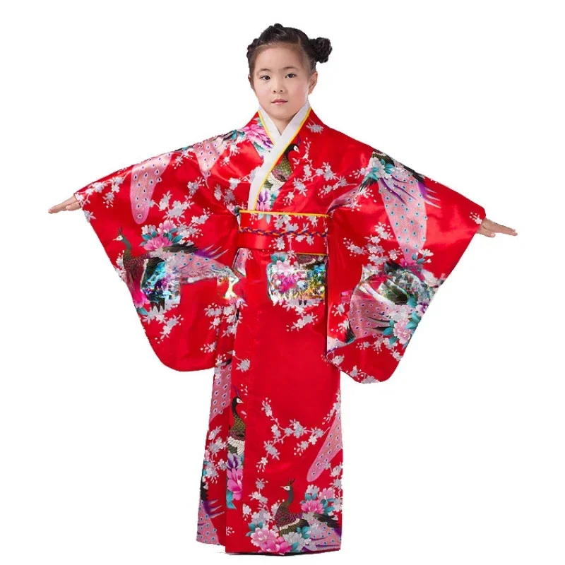 เด็กเอเชียญี่ปุ่นเสื้อคลุมอาบน้ําชุดกิโมโนชุดสไตล์ญี่ปุ่นนกยูง Yukata ชุด Obi Vintage เสื้อคลุมฮาโอริฮาโลวีนคอสเพลย์
