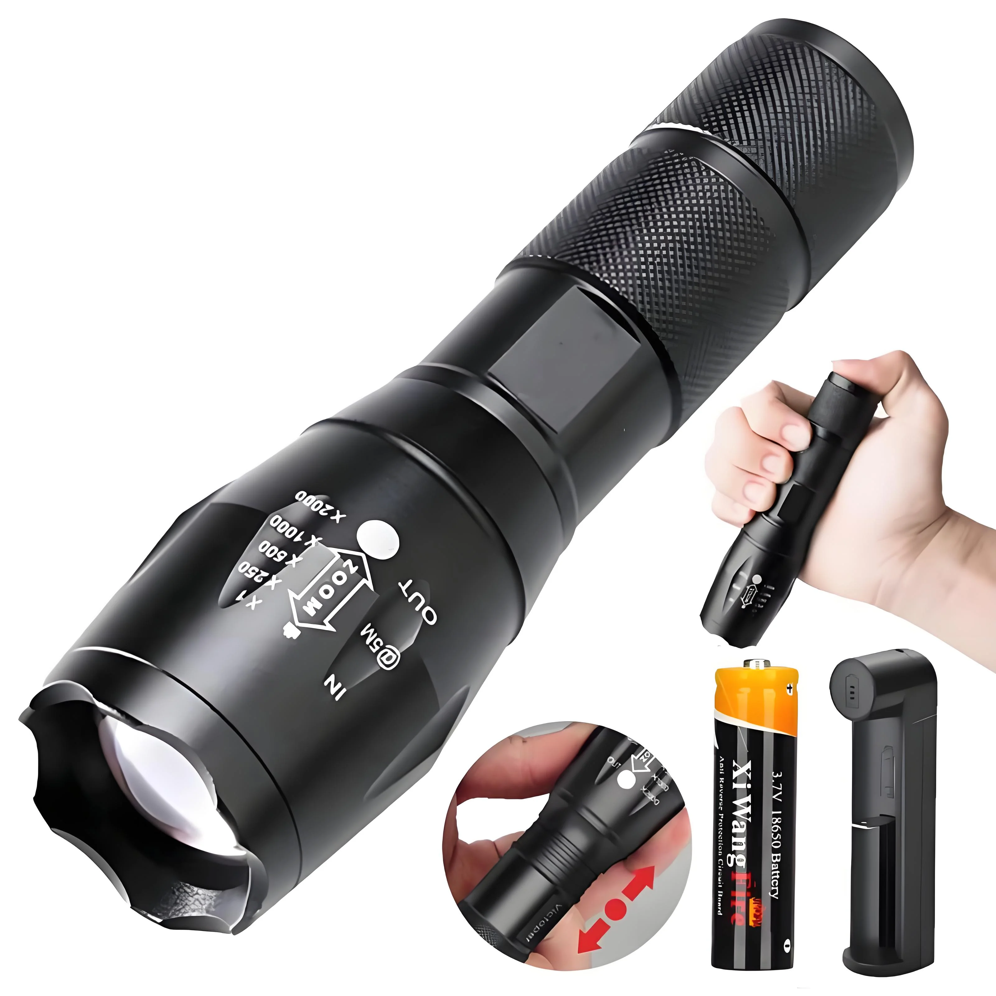 Lanterna led t6 de alta potência, tocha de acampamento, 5 modos de luz, zoom, à prova d'água, corpo de liga de alumínio, bateria externa 18650 incluída