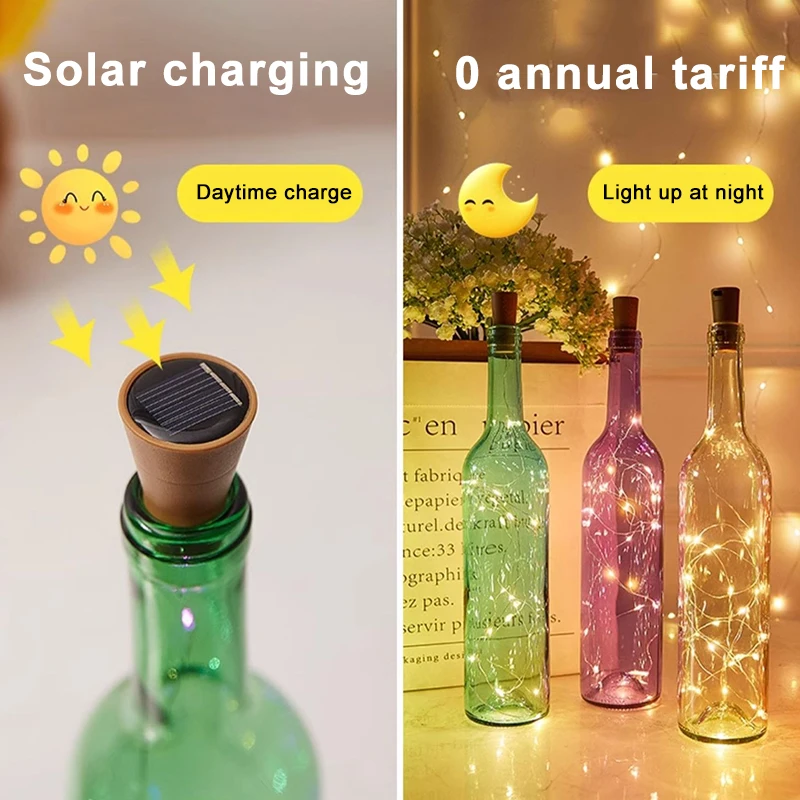 Luci ghirlanda a stringa solare a LED Luci da esterno impermeabili in filo di rame Tappo per bottiglia a forma di 1M Decorazione di luce fata per Natale di nozze