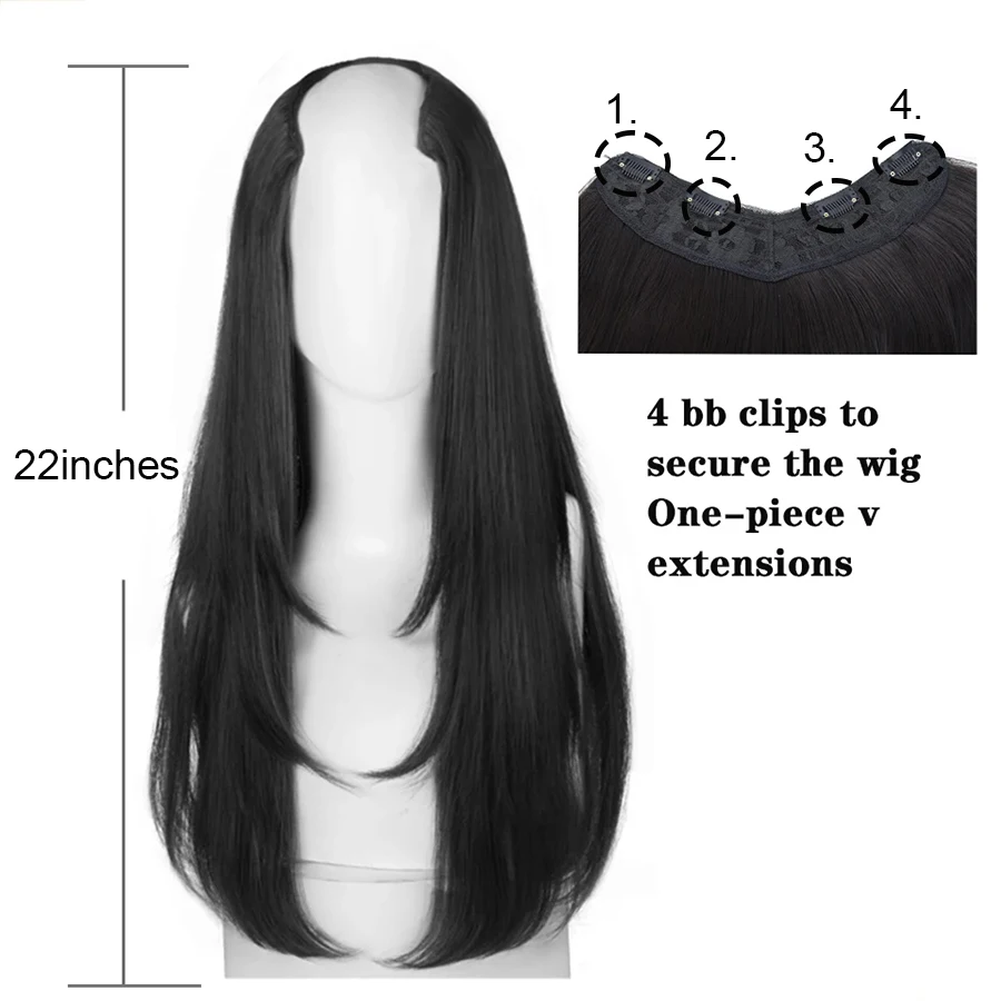 Peruca sintética feminina traceless invisível em forma de u cabelo longo e reto com fivela interna longo encaracolado peruca de extensão natural