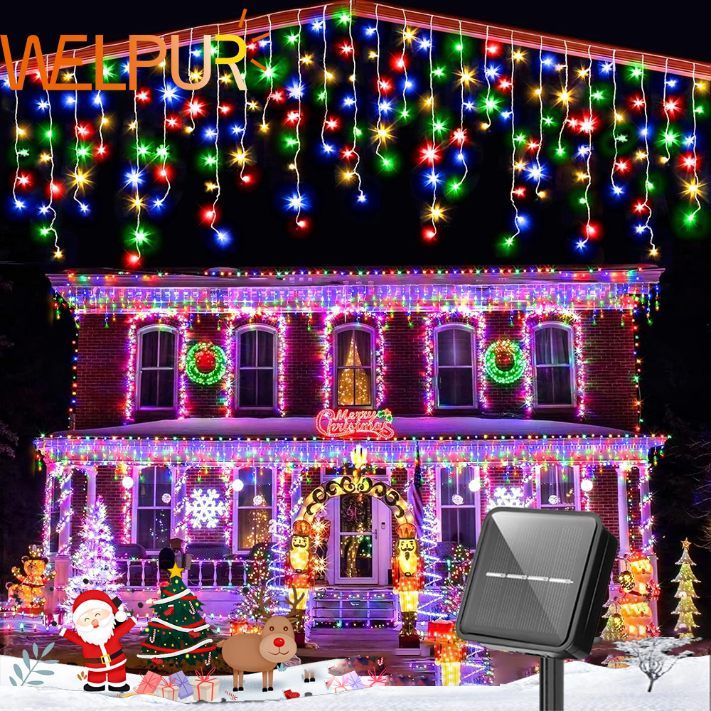 Solar Outdoor Icicle Lights 96/162 Leds Christmas Decorative String Lights 8 Lighting Modes Flashing Fairy Holiday String Lights