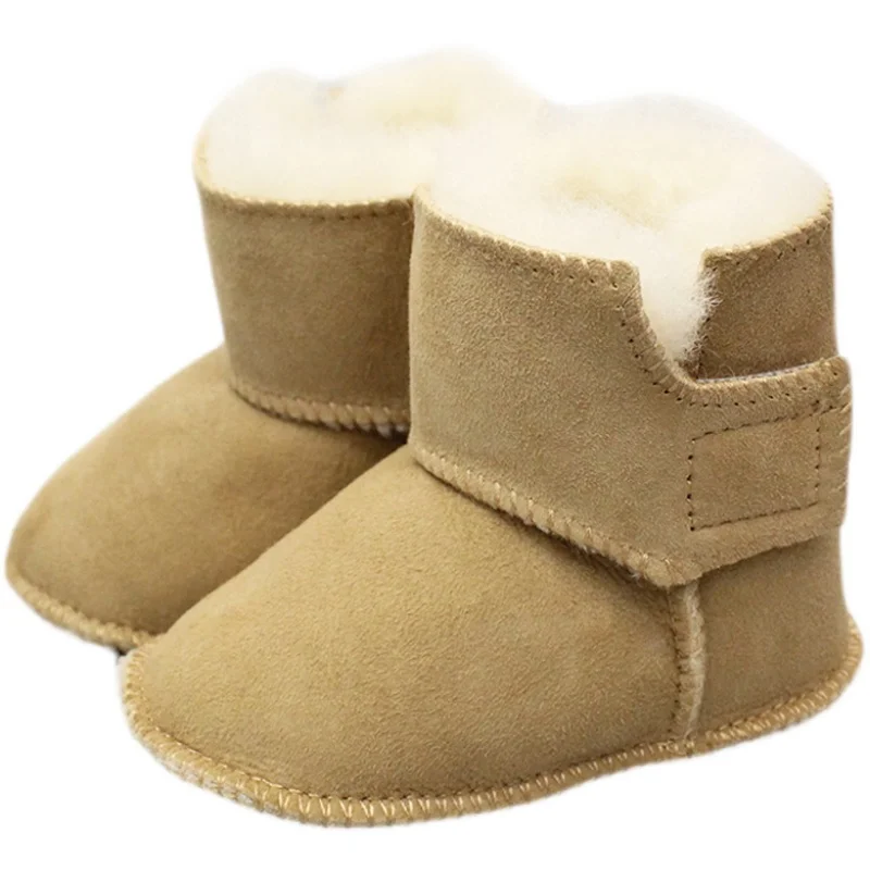 ใหม่ของแท้หนัง Soild ห่วงตื้นฤดูหนาว Super Warm Snow Boot ขนสัตว์เด็กทารก First Walkers