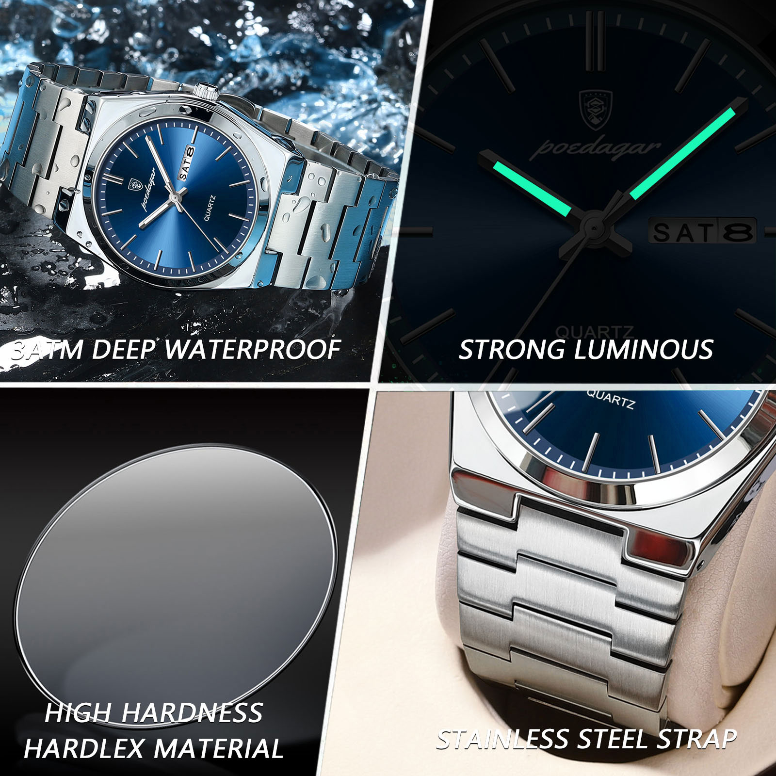 Reloj POEDAGAR de lujo para hombre, resistente al agua, luminoso, con fecha, semana, reloj de acero inoxidable para hombre, relojes de cuarzo informales para hombre, reloj masculino + caja