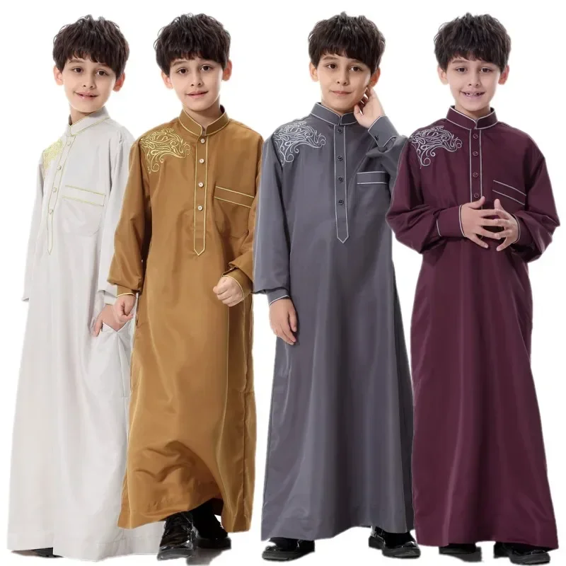 Ramadan muçulmano crianças sólido robe luxo bordado árabe islâmico meninos abaya singel-breasted vestido de manga longa dubai jubba thobe