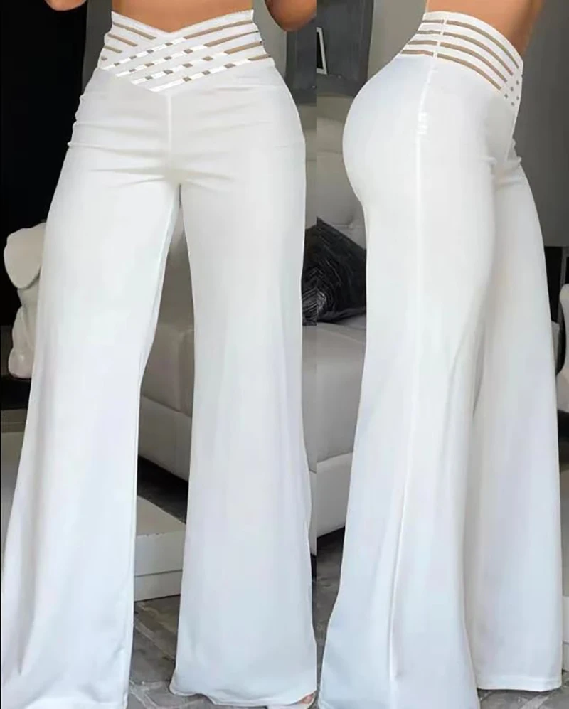 Pantalones acampanados para mujer, pantalones elegantes informales de oficina para mujer, pantalones de cintura alta para primavera y verano, pantalón de pierna ancha con parche de malla transparente entrecruzado liso