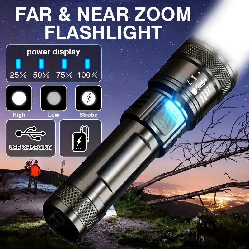 Lanterna telescópica com zoom, alta potência, recarregável por usb, led, portátil, tática, luz forte ao ar livre