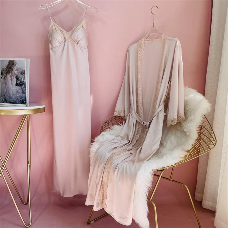 ใหม่หญิงยาว Robe Nightgown ชุดเซ็กซี่ลูกไม้ Trim ชุดนอน Suspender Nightdress ฤดูใบไม้ผลิฤดูร้อนสบายๆซาตินบ้านชุดเสื้อคลุมอาบน้ํา