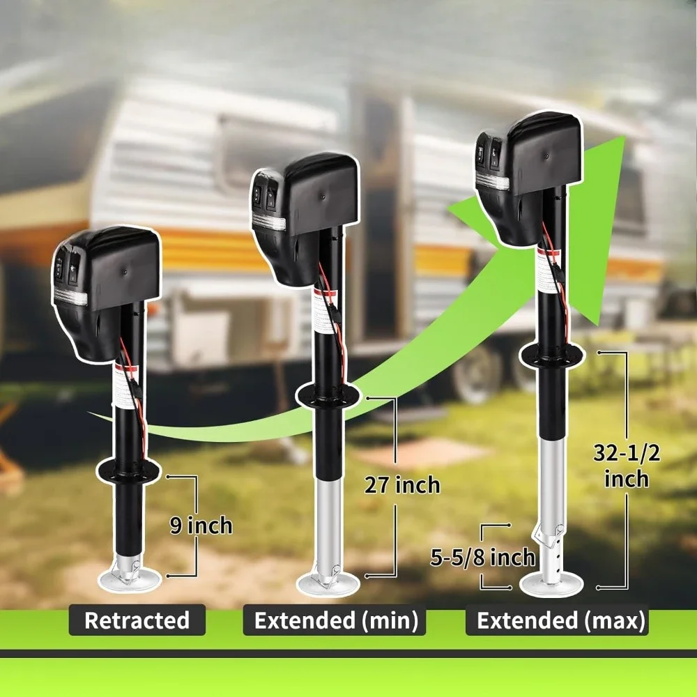 Duty RV Electric Power Tongue Jack with Accessories Manual Crank Handle, 18" Lift, 12V DC and Bright LED Light, Black