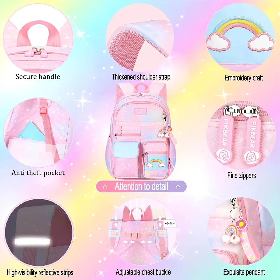 Set di zaini scolastici da 3 pezzi con ricamo arcobaleno Borse da scuola per bambini con gradiente elementare impermeabili in nylon di alta qualità