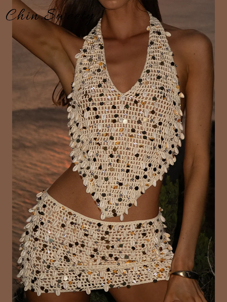 Sexy Hollow Out Lovertjes Gebreide Rokken Sets Vrouwen Halter Mouwloze Top Mini A-lijn Rok 2025, Zomer Dame Chic Strand Gewaden Nieuwe