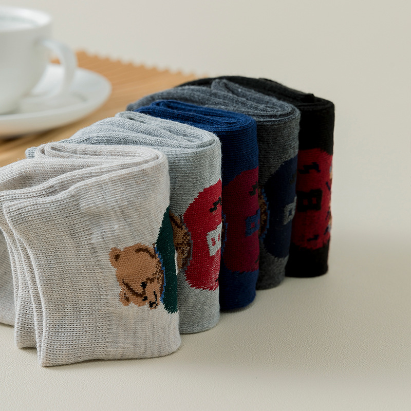 5 pares de calcetines de Otoño Invierno para hombre, calcetines de tubo medio con dibujos de oso grande de Color sólido, calcetines de moda transpirables absorbentes simples al por mayor