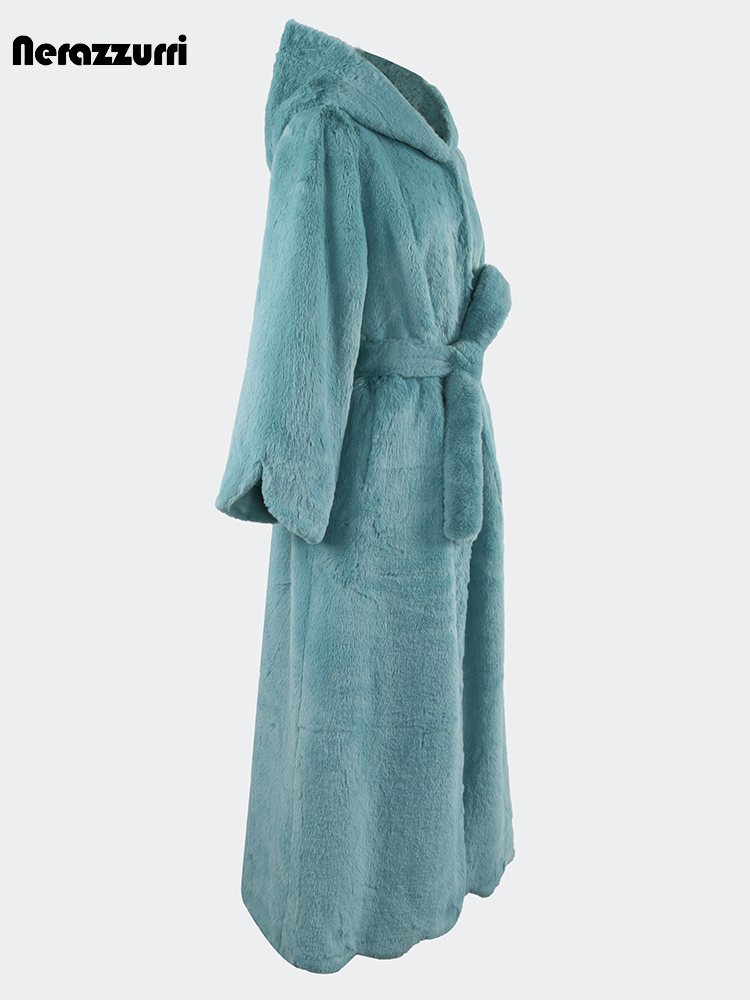 Nerazzurri-Manteau en Fausse Fourrure de Lapin Rex pour Femme, Extra Long, Luxe, Optique Élégante, Chaud, Noir, Doux, Moelleux, Ceintures à Capuche, Automne, Hiver