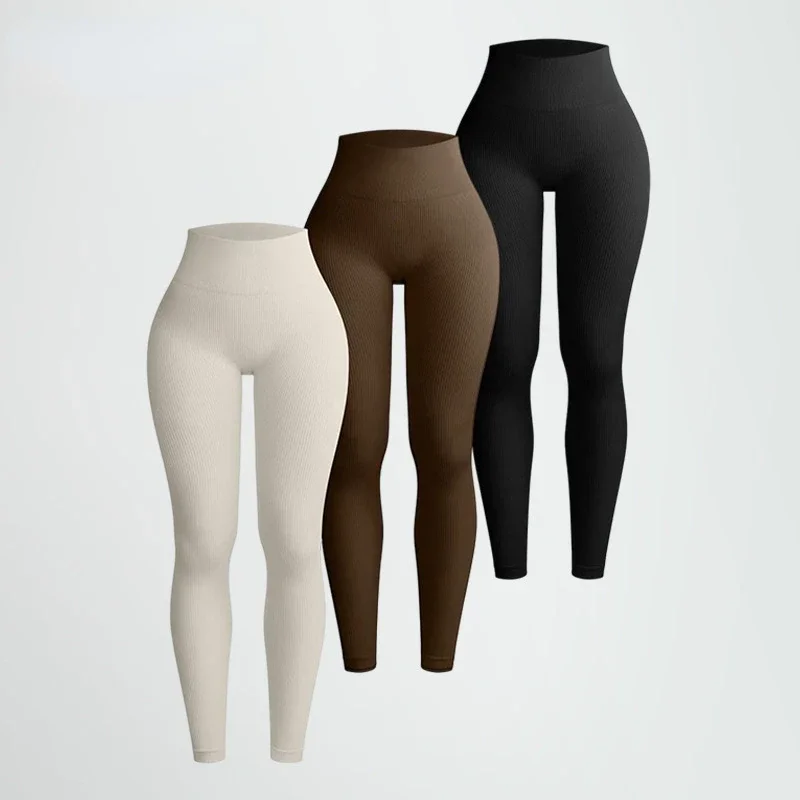 Nahtlos gestrickte Yoga Leggings Frauen Faden feste Strumpfhosen Gym Workout Laufen dehnbare hohe Taille Hüfte heben dünne Gym Leggings