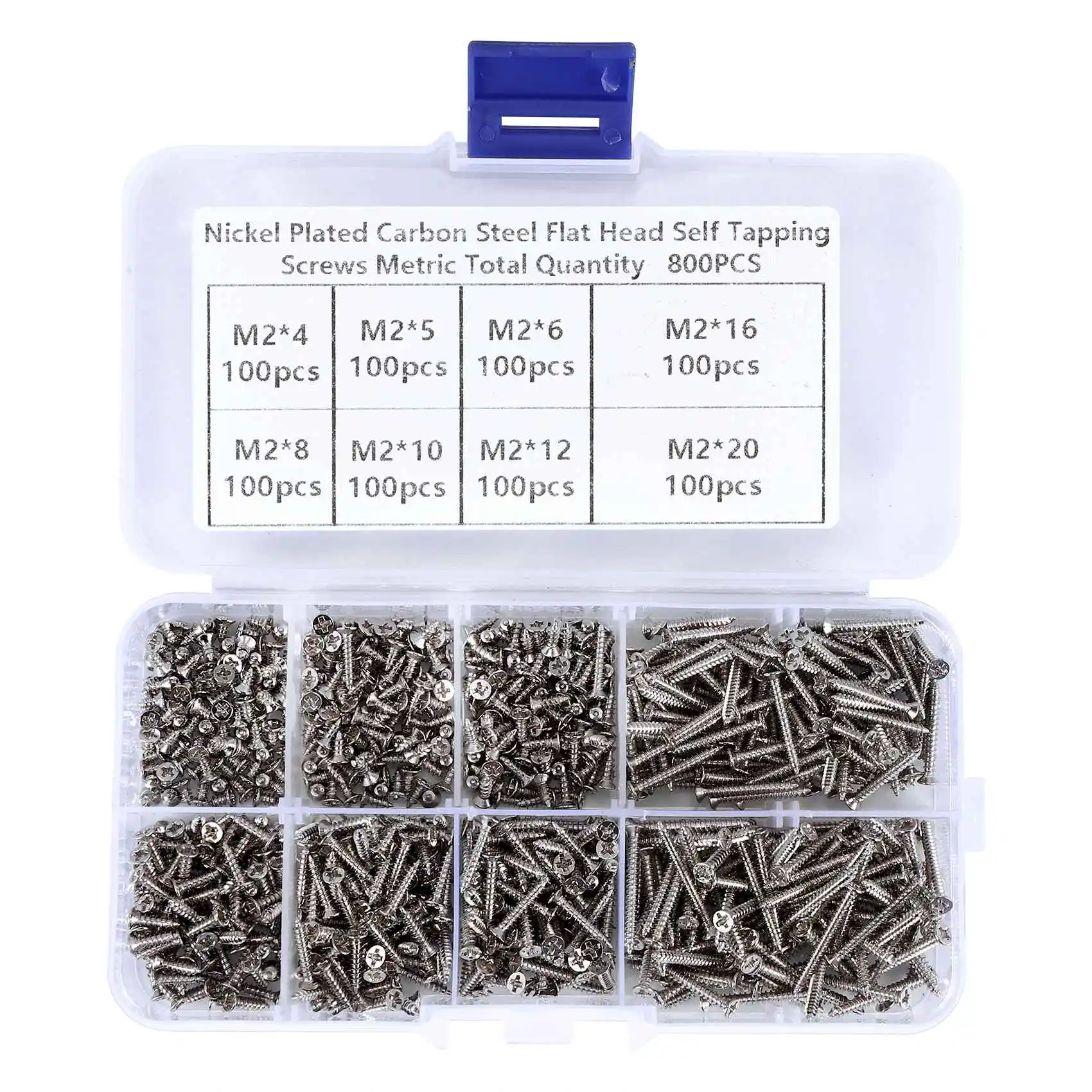 ABFA 800 Uds Kit surtido de tornillos autorroscantes de acero inoxidable tuerca de bloqueo juegos de tornillos para uñas con rosca de madera M2