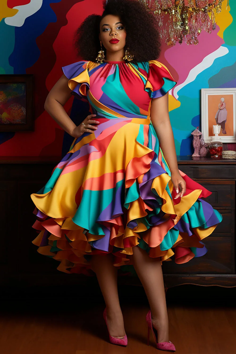 Vestido Midi plisado de manga corta, prenda de satén con volantes, cuello redondo, Estilo Vintage, Multicolor, talla grande