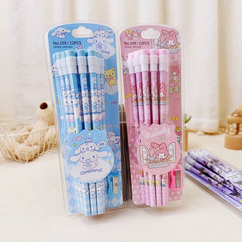 Lindos lápices Kuromi HB, 12 lápices y 1 caja de papelería con rodillo de lápiz, escritura para estudiantes, dibujo, lápices HB, bolígrafos para bocetos