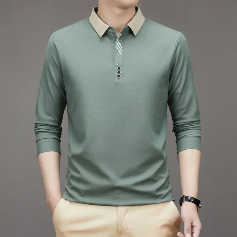 Camiseta masculina de manga comprida com gola virada para baixo, camisa polo casual de negócios com linha contrastante